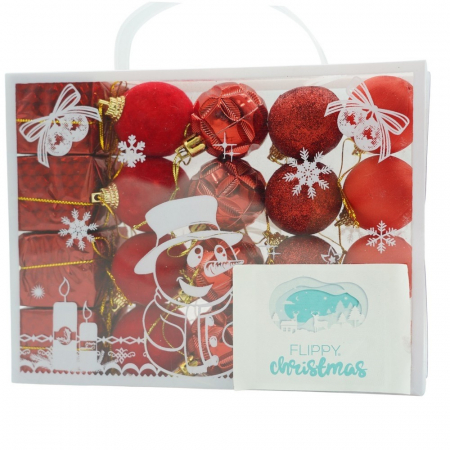 Decoratiuni, ornamente si articole Craciun - Set de 20 ornamente de brad, Flippy, de tip Glob, Rosu, din polistiren, cu finisaj sclipitor , cutie  4  cm adancime x 20  cm lungime x 16  cm inaltime