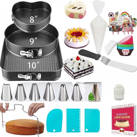 Pentru Casa si Camping - Set de 216 Piese de Copt pentru Prajituri, Flippy, 3 Tavi de Copt, Nivelator, Forme Cupcake, Pos pentru Ornat cu 7 Capete, Feliator Tort, din Otel Inoxidabil, Multicolor