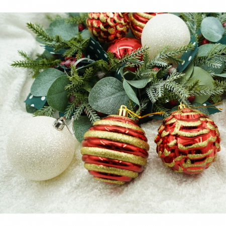 Set de 24 ornamente de brad, Flippy, de tip Glob, Alb/ Rosu, cu ø de 7 cm, din plastic, cu finisaj sclipitor , cutie  16  cm lungime x 36  cm inaltime x 16  cm adancime [6]