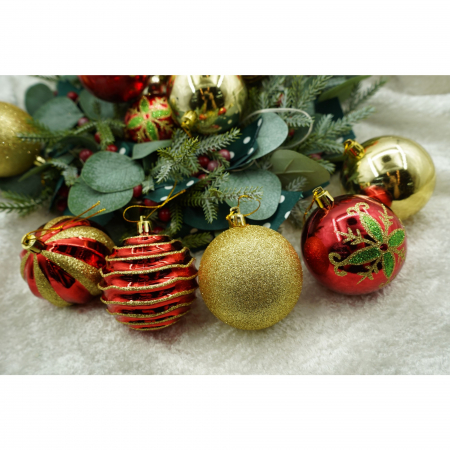 Set de 24 ornamente de brad, Flippy, de tip Glob, Rosu/ Auriu, cu ø de 7 cm, din plastic, cu finisaj sclipitor , cutie  16  cm lungime x 36  cm inaltime x 16  cm adancime [1]