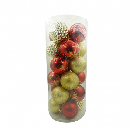 Decoratiuni, ornamente si articole Craciun - Set de 24 ornamente de brad, Flippy, de tip Glob, Rosu/ Auriu, cu ø de 8 cm, din plastic, cu finisaj sclipitor , cutie  19  cm lungime x 42  cm inaltime x 19  cm adancime