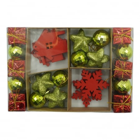 Decoratiuni, ornamente si articole Craciun - Set de 24 ornamente de brad, Flippy, de tip Glob, Rosu/ Auriu, din polistiren, cu finisaj sclipitor , cutie  3  cm adancime x 20  cm lungime x 14  cm inaltime
