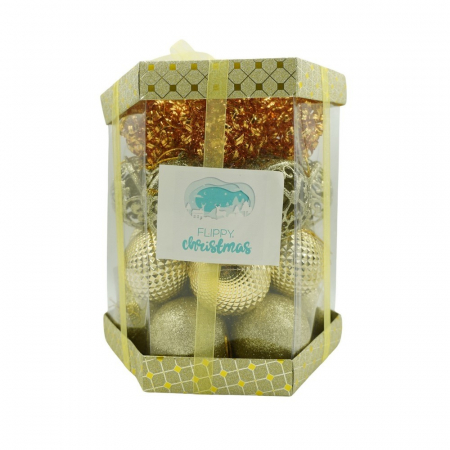 Pentru Casa si Camping - Set de 28 ornamente de brad, Flippy, de tip Glob, Cupru/ Auriu, din polistiren, cu finisaj sclipitor , cutie  18  cm adancime x 22  cm inaltime x 18  cm lungime)