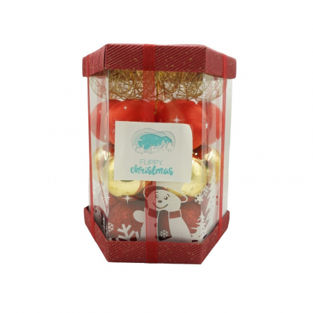 Pentru Casa si Camping - Set de 28 ornamente de brad, Flippy, de tip Glob, Rosu/ Auriu, din polistiren, cu finisaj sclipitor , cutie  18  cm adancime x 22  cm inaltime x 18  cm lungime)
