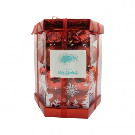 Pentru Casa si Camping - Set de 28 ornamente de brad, Flippy, de tip Glob, Rosu, din polistiren, cu finisaj sclipitor , cutie  18  cm adancime x 22  cm inaltime x 18  cm lungime)