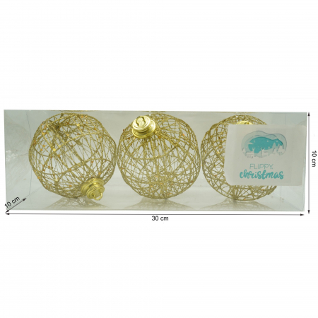 Set de 3 ornamente de brad, Flippy, de tip Glob, Auriu, cu ø de 10 cm, din metal, cu finisaj sclipitor , cutie  10  cm adancime x 30  cm lungime x 10  cm inaltime [5]