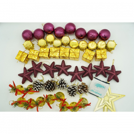 Set de 50 ornamente de brad, Flippy, de tip Glob, Rosu/ Auriu, din plastic, cu finisaj sclipitor , cutie  18  cm lungime x 12  cm adancime x 18  cm inaltime [1]