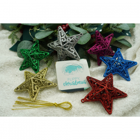Set de 6 ornamente de brad, Flippy, de tip Stea, Multicolor, din plastic, cu finisaj sclipitor , cutie  3  cm adancime x 31  cm lungime x 9  cm inaltime [6]