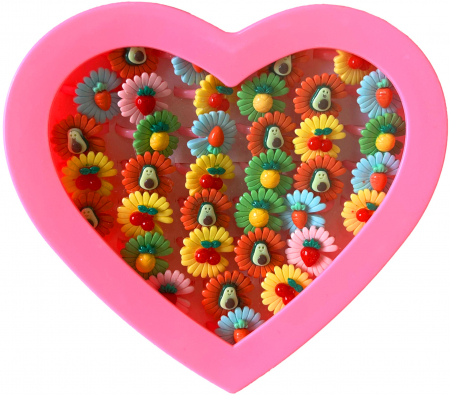 Accesorii pentru fetite - Set de Accesorii pentru Fetite, 36 Inele in Cutie in Forma de Inima, din Plastic, Model cu Floricele si Fructe