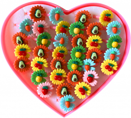 Set de Accesorii pentru Fetite, 36 Inele in Cutie in Forma de Inima, din Plastic, Model cu Floricele si Fructe [2]