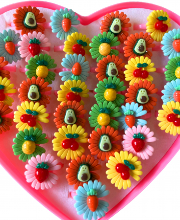 Set de Accesorii pentru Fetite, 36 Inele in Cutie in Forma de Inima, din Plastic, Model cu Floricele si Fructe [1]