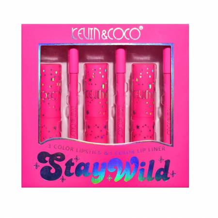Set de Buze, KEVIN &amp; COCO, Stay Wild, 3 Lip Stick-uri si 3 Creioane de Buze, 16.1 x 16 x 2.6 cm, Nuante Calde [5]