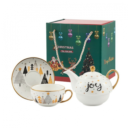 Decoratiuni, ornamente si articole Craciun - Set de Ceai, Flippy, Tema Craciun, Ceainic 420 ml, Cana 310 ml, Farfurie, din Portelan, Model Joy, Alb