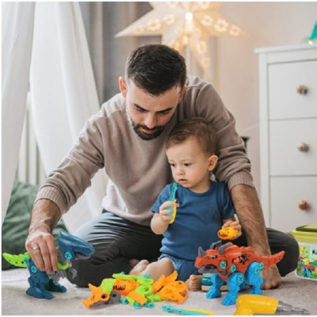 Set de Constructie/Asamblare, Flippy, 4 Dinozauri, cu Bormasina Electrica, Baterii 2 x AA, Surubelnita si Cutie Depozitare, 22.5 x 14.5 x 15 cm, Multicolor [1]