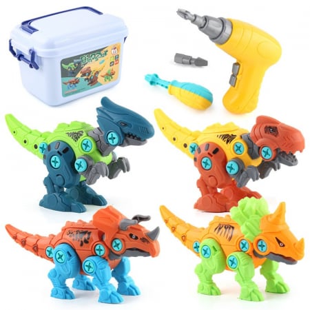 Jucarii, Copii & Bebe - Set de Constructie/Asamblare, Flippy, 4 Dinozauri, cu Bormasina Electrica, Baterii 2 x AA, Surubelnita si Cutie Depozitare, 22.5 x 14.5 x 15 cm, Multicolor
