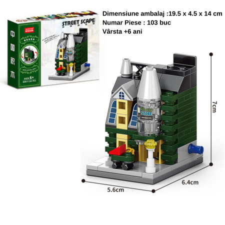 Set de Constructie, Flippy, Jucarie Educativa STEM, 103 Piese, Model 3D, +6 Ani, Colectia Strada Comerciala Europeana, 6.4 x 5.6 x 7 cm, Verde/Gri [1]