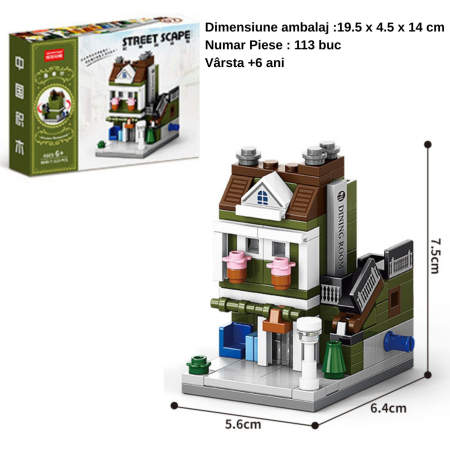 Set de Constructie, Flippy, Jucarie Educativa STEM, 113 Piese, Model 3D, +6 Ani, Colectia Strada Comerciala Europeana, 6.4 x 5.6 x 7.5 cm, Verde/Maro [1]