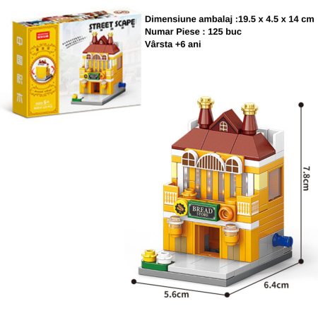 Set de Constructie, Flippy, Jucarie Educativa STEM, 125 Piese, Model 3D, +6 Ani, Colectia Strada Comerciala Europeana, 6.4 x 5.6 x 7.8 cm, Galben/Maro [1]
