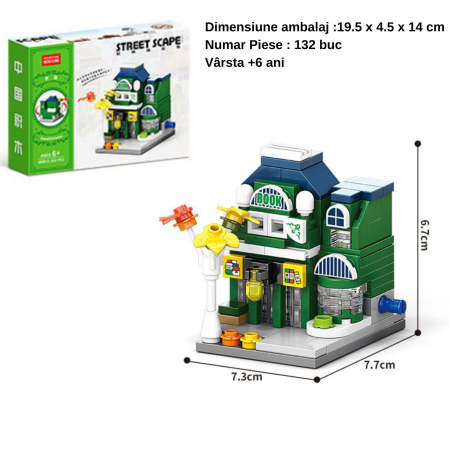 Set de Constructie, Flippy, Jucarie Educativa STEM, 132 Piese, Model 3D, +6 Ani, Colectia Strada Comerciala Europeana, 7.7 x 7.3 x 6.7 cm, Verde/Albastru [1]