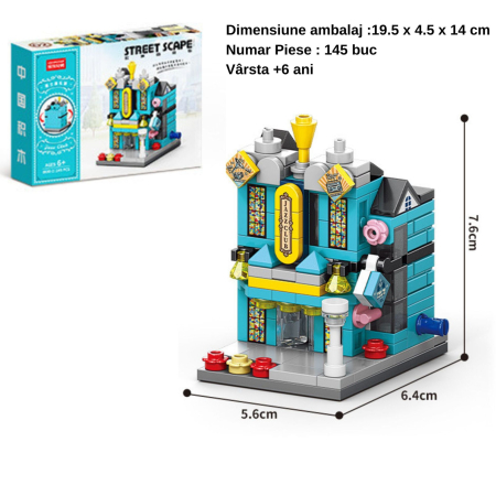 Set de Constructie, Flippy, Jucarie Educativa STEM, 145 Piese, Model 3D, +6 Ani, Colectia Strada Comerciala Europeana, 6.4 x 5.6 x 7.6 cm, Albastru/Galben [1]