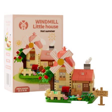 Sub 99 Lei - Set de Constructie, Flippy, Model Miniatura Moara de Vant, Jucarie Educativa STEM, Model 3D, Micro-Caramizi, 319 piese, +6 Ani, cm, 11.5 x 8 x 4.5 cm, Roz