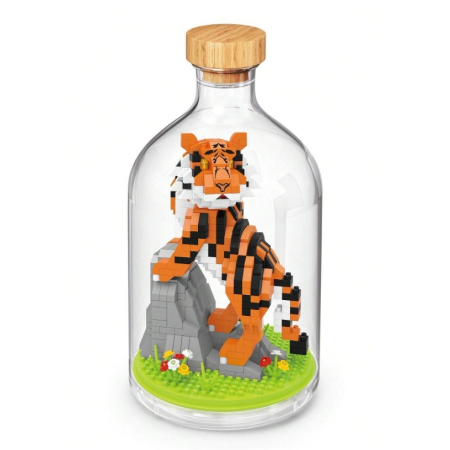 Jocuri si jucarii interactive - Set de Construit in Sticla, Flippy, 704 Piese, din Plastic, +14 Ani, 10 x 19.6 cm, Model Tigru, Multicolor