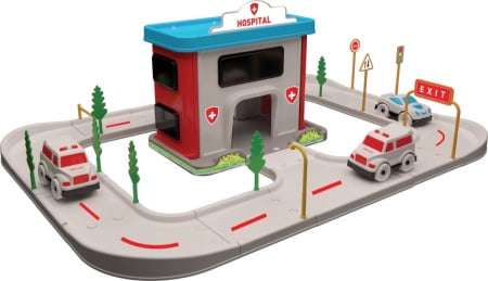Seturi de joaca - Set de joaca, Circuit cu 3 masinute si statie Spital, 46 piese, 3+ ani, Multicolor