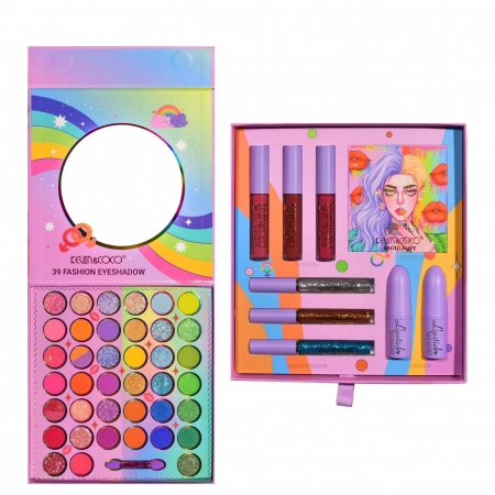Ingrijire personala si Cosmetice - Set de Machiaj, Kevin &amp; Coco, 39 de Culori, pigmentate, Fard de ochi, Ruj, Gloss, Tus, Fard Obraz, Curcubeu