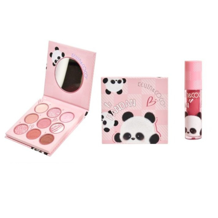 Sub 99 Lei - Set de Machiaj, Kevin&amp;Coco, Paleta de Farduri pentru Pleoape si Lipgloss, 10.2x10.2x1.5cm, Model Panda, Multicolor
