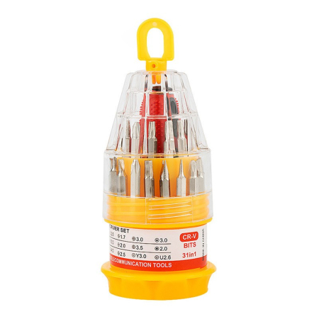 Casă și camping - Set de Surubelnite 31-in-1 cu Clichet, Flippy, Set de Uz Casnic pentru Repararea Electronicelor Mici, Maner durabil Izolat Magnetic, 10 x 5 x 5 cm, Galben