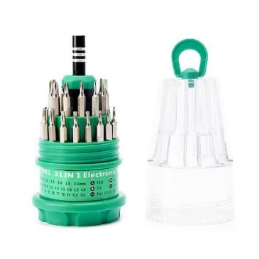 Casă și camping - Set de Surubelnite 31-in-1 cu Clichet, Flippy, Set de Uz Casnic pentru Repararea Electronicelor Mici, Maner durabil Izolat Magnetic, 10 x 5 x 5 cm, Verde