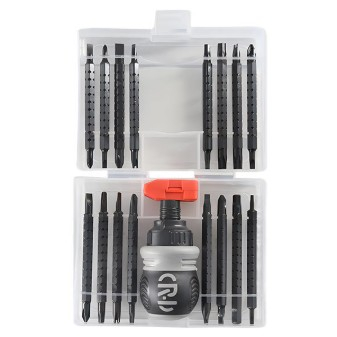 Casă și camping - Set de Surubelnite 34-in-1 cu Clichet, Flippy, Set de Uz Casnic pentru Repararea Electronicelor Mici, Maner durabil, 12 x 10 x 5 cm, Negru Mat