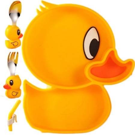 Jucarii, Copii & Bebe - Set diversificare bebelusi Flippy, din silicon, 20 x 17.5 cm, 1 farfurie compartimentata in forma de rata, lingurita si furculita, pai, perie pai, fara alergeni, ventuza fixare, forma creativa, galben