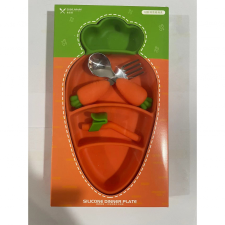 Set diversificare bebelusi Flippy, din silicon, 23.5 x 12.5 cm, 1 farfurie compartimentata in forma de morcov, lingurita si furculita, pai, perie pai, fara alergeni, ventuza fixare, forma creativa, po [6]