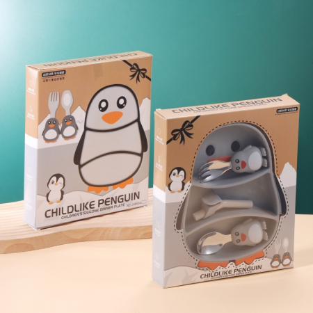 Set diversificare bebelusi Flippy, din silicon, 23.5 x 12.5 cm, 1 farfurie compartimentata in forma de pinguin, lingurita si furculita, pai, perie pai, fara alergeni, ventuza fixare, forma creativa, g [5]