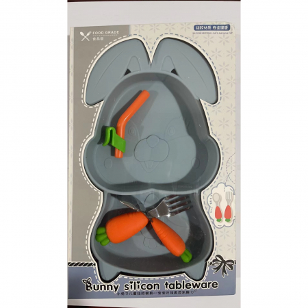 Set diversificare bebelusi Flippy, din silicon, 26 x 15 cm, 1 farfurie compartimentata in forma de iepure, lingurita si furculita, pai, perie pai, fara alergeni, ventuza fixare, forma creativa, bleuma [6]