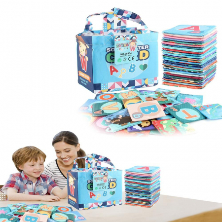 Set educativ 26 de carti textile, cu 2 fete, alfabet si animale, geanta inclusa, culori vibrante, 11x12 cm, Multicolor [3]