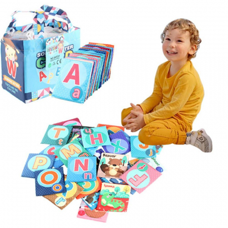 Set educativ 26 de carti textile, cu 2 fete, alfabet si animale, geanta inclusa, culori vibrante, 11x12 cm, Multicolor [4]