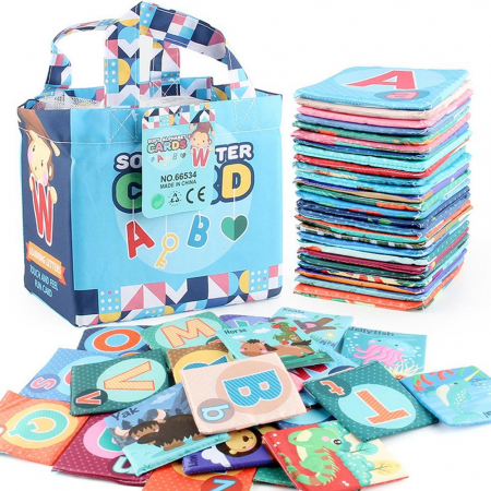 Jucarii, Copii & Bebe - Set educativ 26 de carti textile, cu 2 fete, alfabet si animale, geanta inclusa, culori vibrante, 11x12 cm, Multicolor