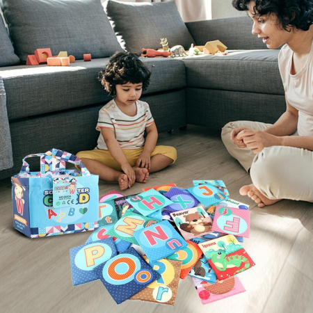 Set educativ 26 de carti textile, cu 2 fete, alfabet si animale, geanta inclusa, culori vibrante, 11x12 cm, Multicolor [1]