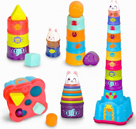 Jucarii, Copii & Bebe - Set educativ de Stivuire si Sortare, Turnul cu animalute si cutie de depozitare, 15 piese