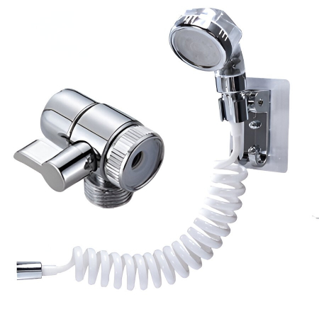 Pentru Casa si Camping - Set Extensie de Dus, Flippy, pentru Baterie Baie sau Bucatarie, 4 Piese, Filtru de Ioni Negativi, Furtun Flexibil de 1.5 Metri, Argintiu