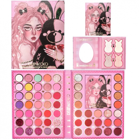 Palete Farduri si Truse Make-Up - Set farduri 2 in 1 Kevin&amp;Coco, paleta 62 nuante, mini paleta iluminator tip carte, rezistenta ridicata, 22 x 17 cm, 430 g, multicolor