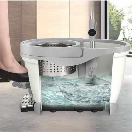 Lichidare Set Galeata cu Pedala si Mop Rotativ 360°, Flippy, Cu Actiune Centrifuga x4, Pentru Uz Casnic, Maner din Otel Inoxidabil Telescopic, 2 Capte din Bumbac, 46x30x28 cm, Alb Ivoir [2]