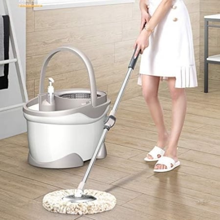 Set Galeata si Mop Rotativ 360°, Flippy, Cu Dubla Actiune Centrifuga, Pentru Uz Casnic, Maner din Otel Inoxidabil Telescopic, 2 Capte din Bumbac, 46x27x29 cm, Alb [3]