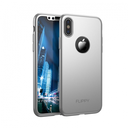 Full Cover 360 - Set Husa si Folie de Protectie, Flippy, Compatibila cu Apple iPhone X, Full Cover 360°, Plastic + Sticla, Argintiu