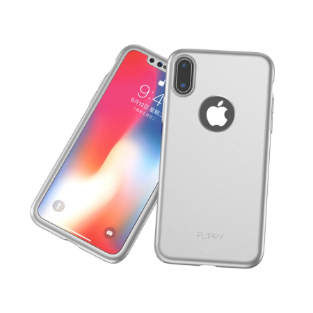 Set Husa si Folie de Protectie, Flippy, Compatibila cu Apple iPhone X, Full Cover 360°, Plastic + Sticla, Argintiu [2]