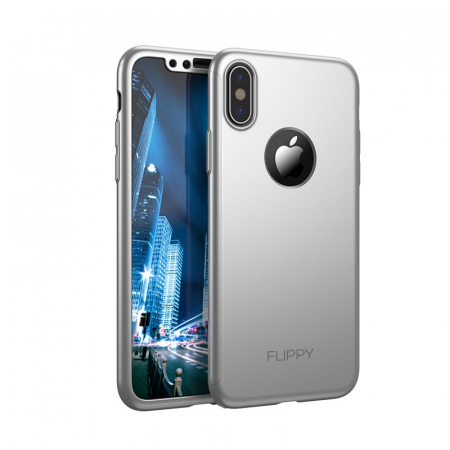 Set Husa si Folie de Protectie, Flippy, Compatibila cu Apple iPhone X, Full Cover 360°, Plastic + Sticla, Argintiu [5]