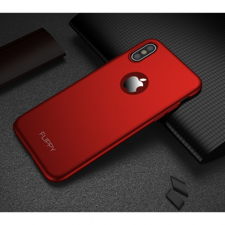 Set Husa si Folie de Protectie, Flippy, Compatibila cu Apple iPhone X, Full Cover 360°, Plastic + Sticla, Rosu [4]
