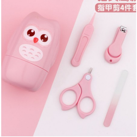 Jucarii, Copii & Bebe - Set 4 Piese Ingrijire Unghii Bebelusi, Flippy, din ABS+Otel Inoxidabil, Cutie de Depozitare Tip Bufnita, de la 0 Luni, 11.5 x 5 x 11.5 cm, Roz